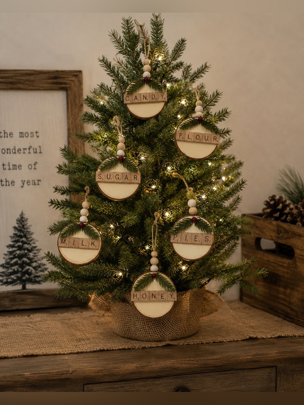 Rustic Holiday Ornament Set with Green Accents